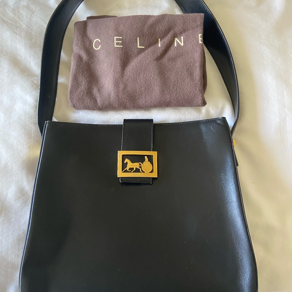 Authentic Celine Carriage Black Leather Bag with Gold Detail
